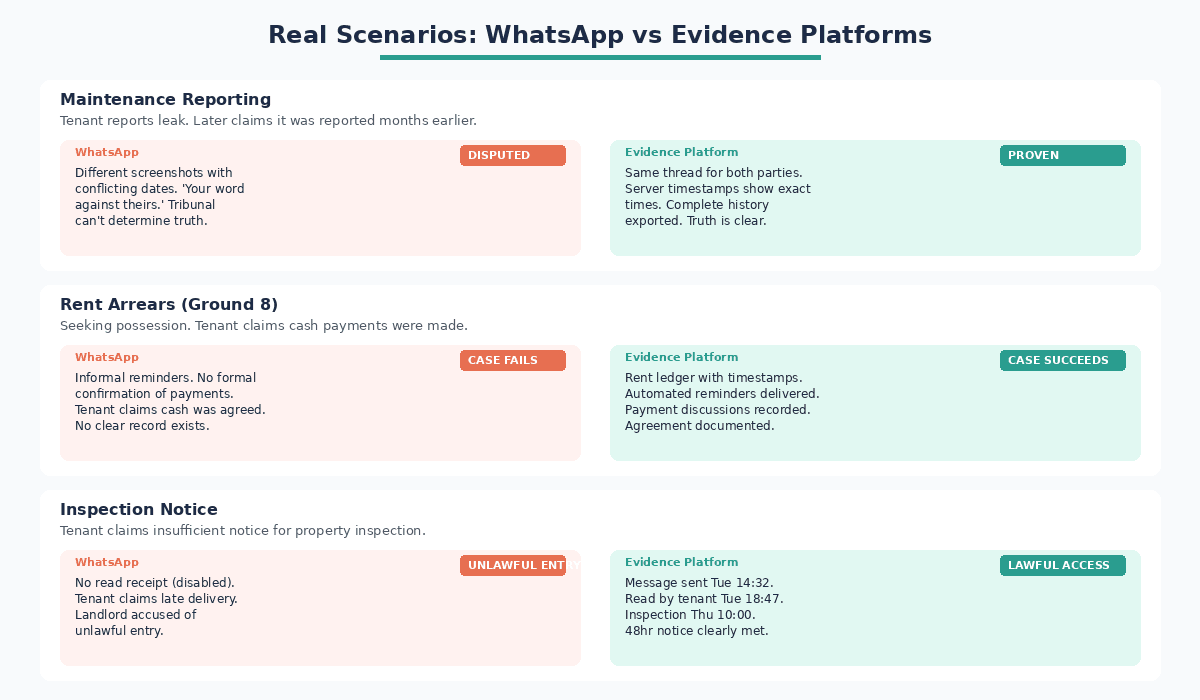 Scenario comparison: WhatsApp vs evidence platforms